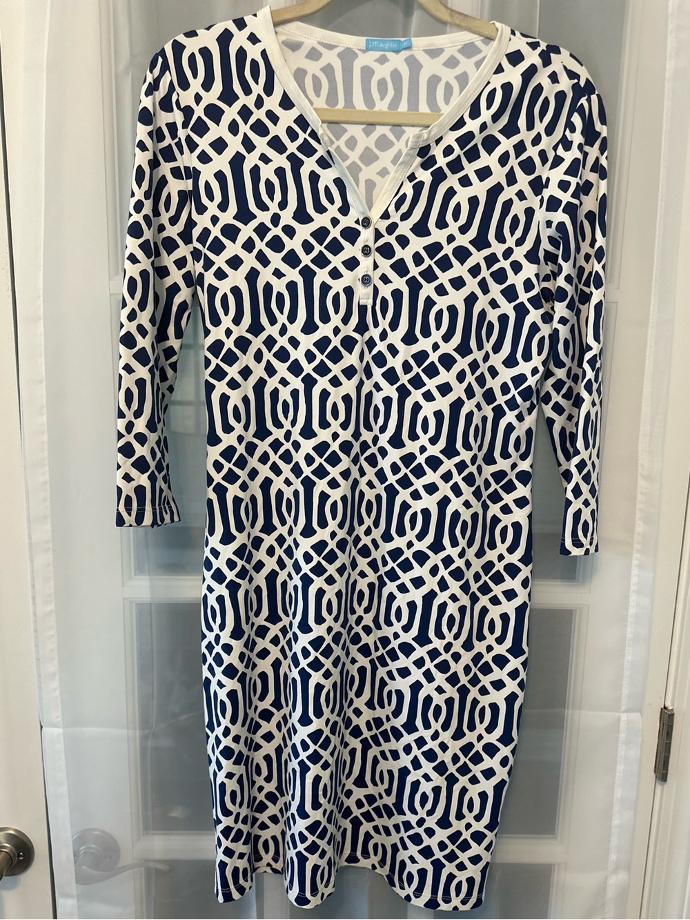 J. McLaughlin Navy White Geometric Print Dress Women’s Medium 3/4 Sleeve Stretch
